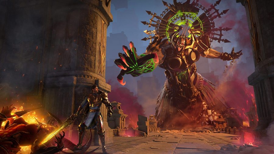 A huge hand reaches down towards the player in Skyforge, one of the best MMOs