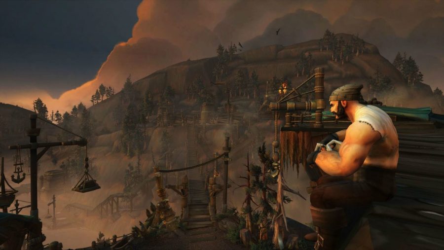 The best MMORPG - a human sitting on a wooden bridge while looking at the evocative landscape in World of Warcraft.