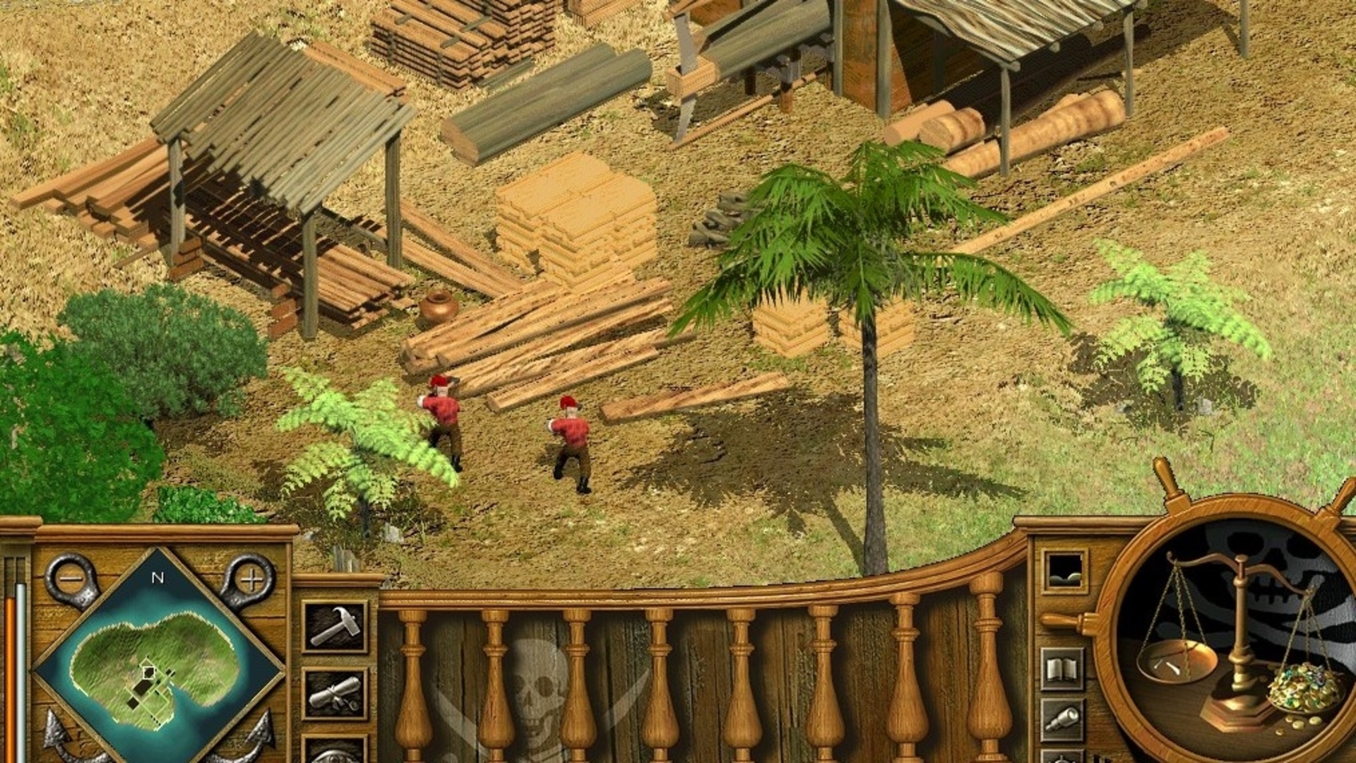 Best Pirate games: two pirates building a shack in Tropico 2 - Pirates Cove.