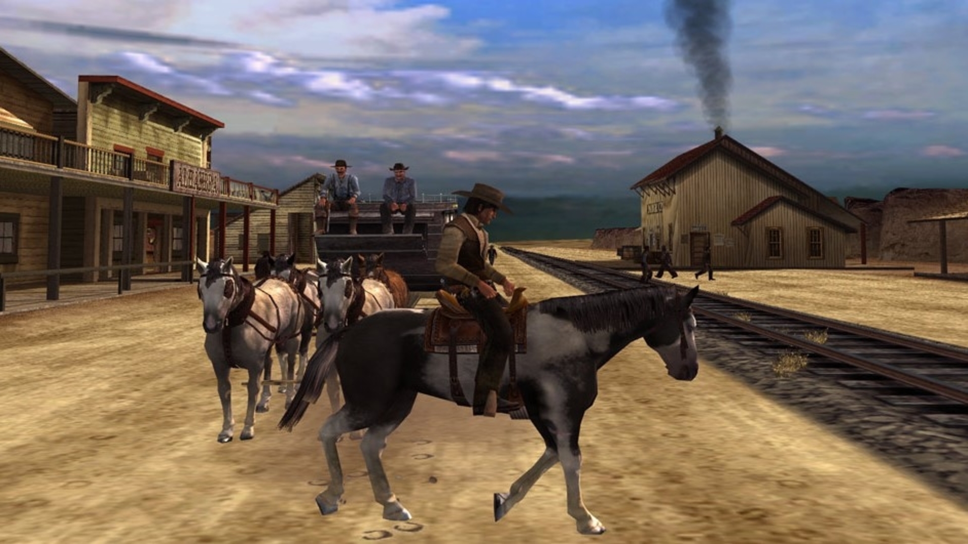 A man on a horse blocks a cart in western game gun