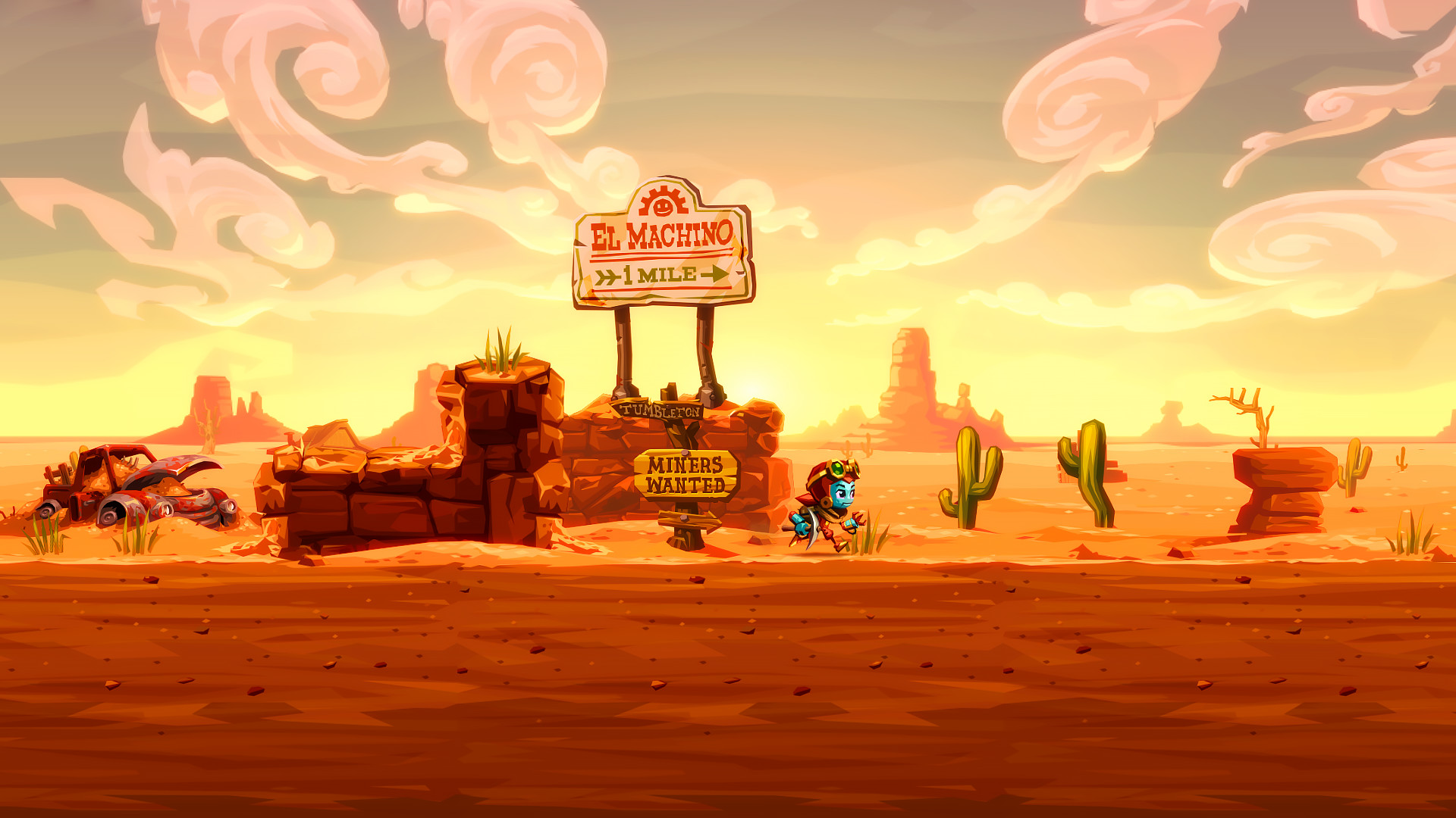 A little blue person runs through the wildnerness in western game steam world dig 2