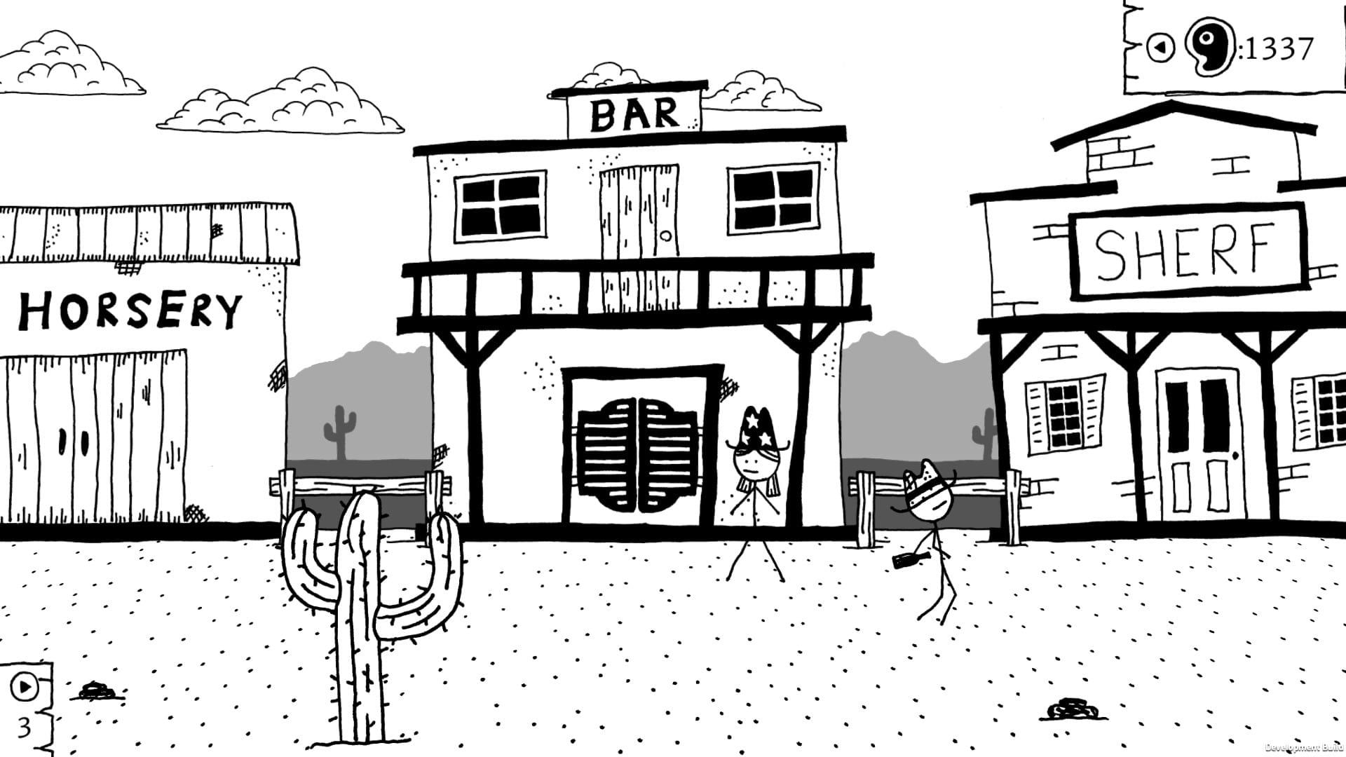 Badly drawn stick people walk about a badly drawn town in western game west of loathing
