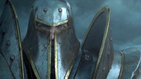 a close up of a knight in full plate, narrow slits in his helmet