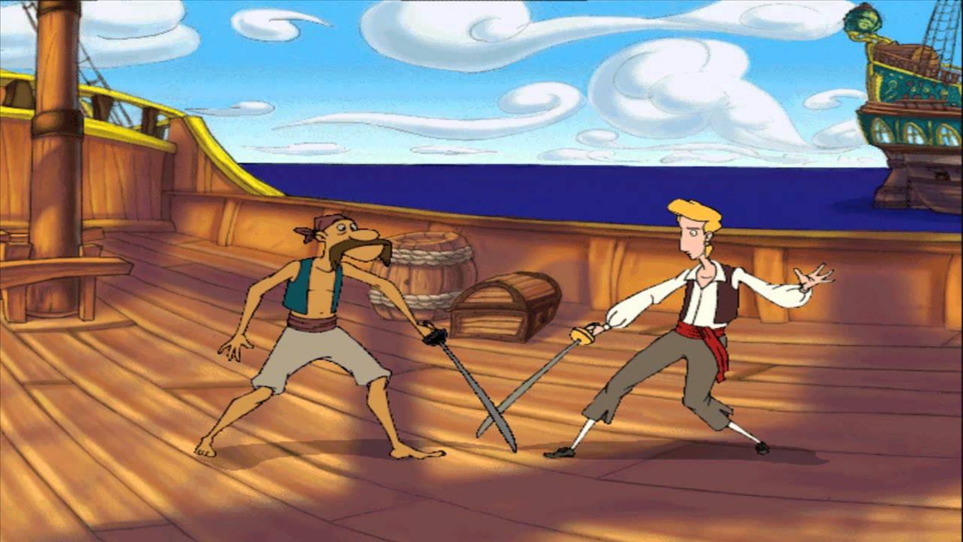 Best Pirate games: Guybrush Threepwood, a mighty pirate, is fighting a rather unassuming swashbuckler on board their ship.