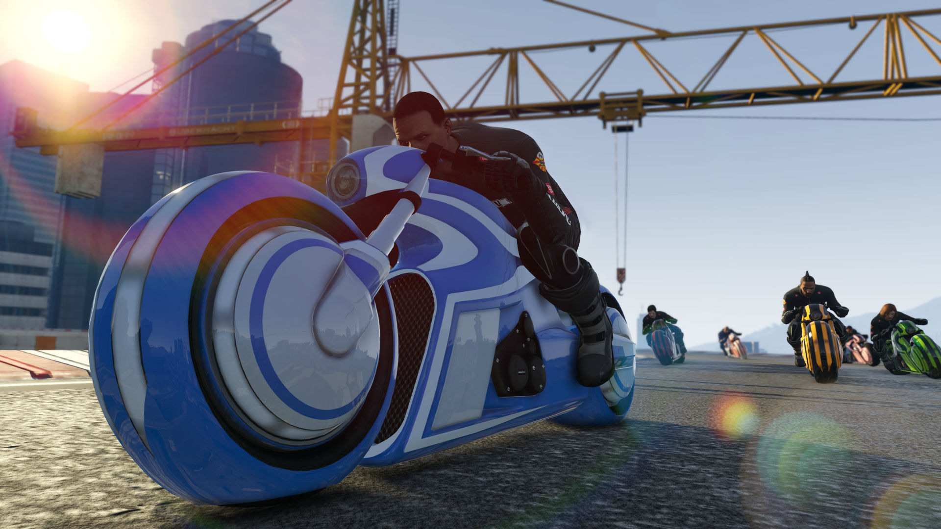 Best open-world games: A man driving a futuristic-looking motorbike similar to the bikes from Tron near a construction site in GTA 5.