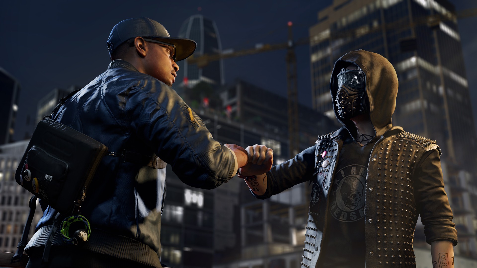 Best open-world games: Two Dead-Sec members fist bump outside some skyscrapers in Watch Dogs 2.