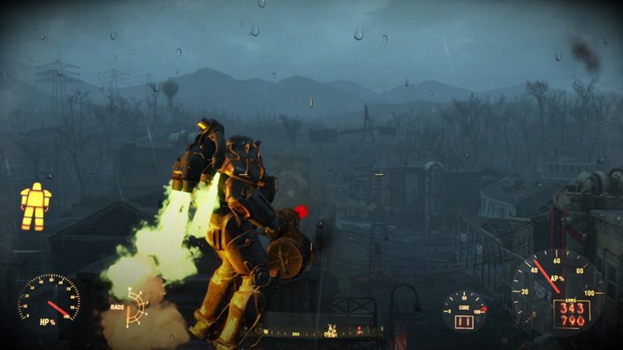 Power armour being used in Fallout 4, using one of the best Fallout 4 mods, Remove Power Armour Drain