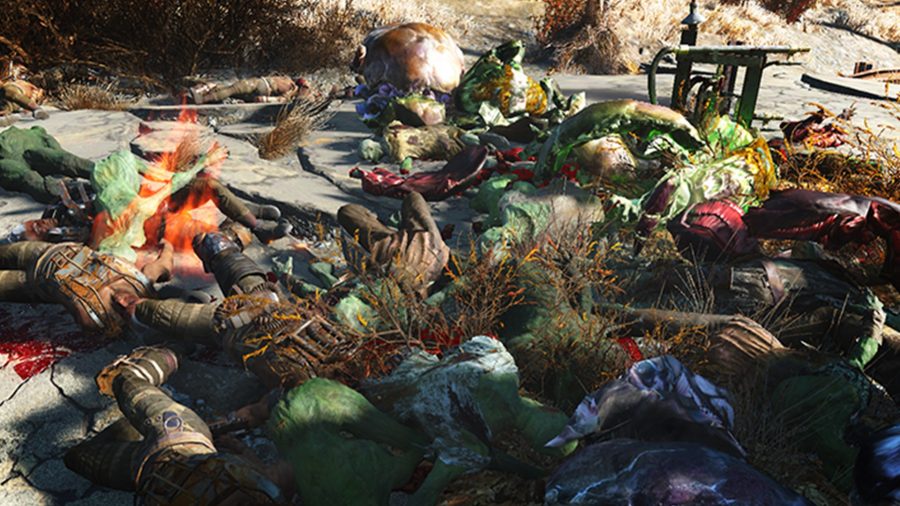 A pile of bodies, thanks to realistic death physics, one of the best Fallout 4 mods
