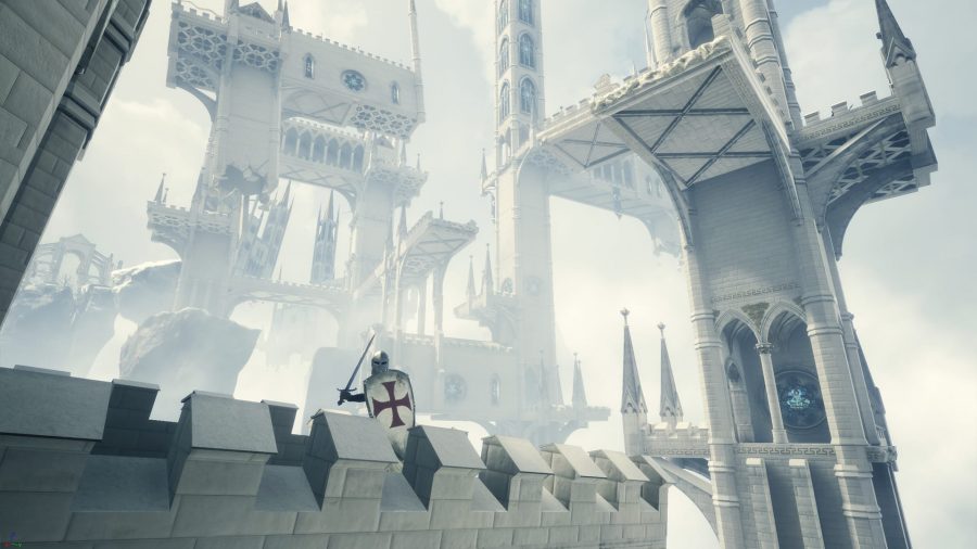 A knight standing alert in a pale castle in one of the best VR games, In Death