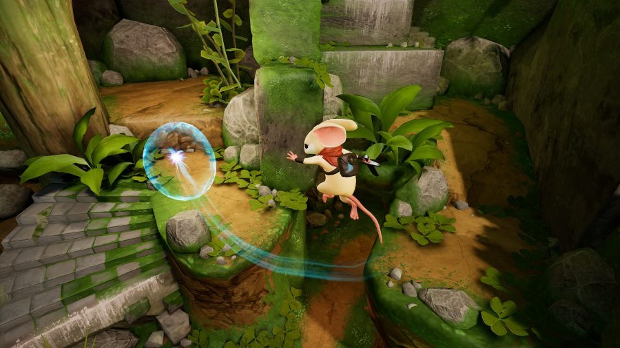 Helping a cute little mouse jump across a gap in Moss, one of the best VR games on PC. A bit silly really as he could have just taken the stairs.