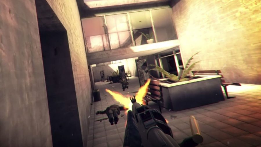A muzzle flash as you gun down enemies in a corridor in Pavlov VR, one of the best VR games for PC