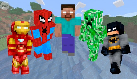 Minecraft skins: Iron Man, Spider-Man, Batman, a Creeper, and Herobrine floating in the air.