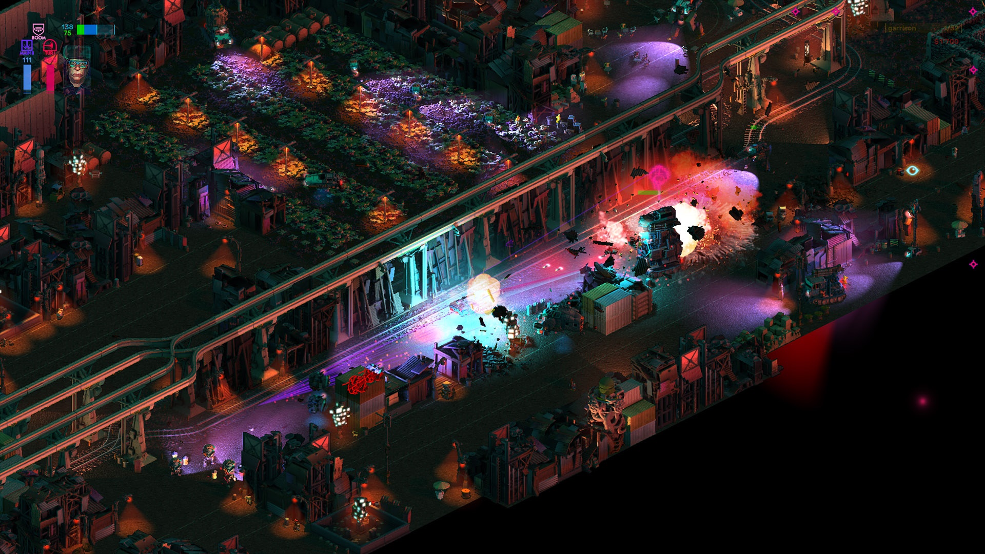 A neon street of destruction in Brigador, one of the best robot games