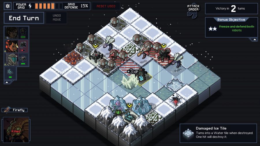 Grid combat in Into the Breach, one of the best robot games