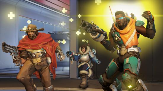 Cole Cassidy, Mei, and Baptiste gather in an Overwatch match.