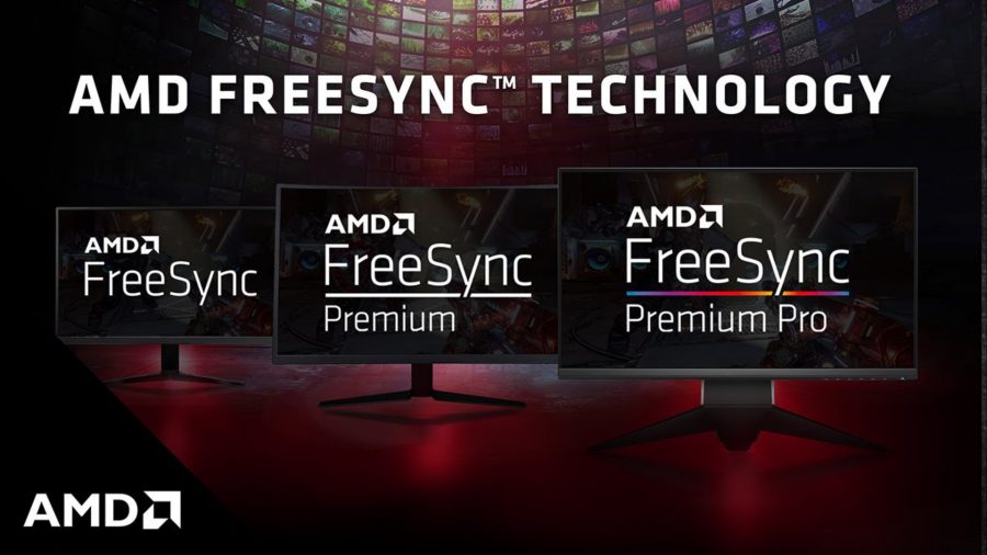 AMD FreeSync: Three monitors displaying text for FreeSync Premium and FreeSync Premium Pro