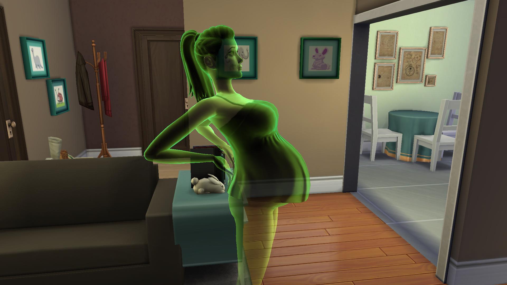 Зеленая полупрозрачная женщина-симс явно беременна в секс-моде sims 4. Призраки могут иметь детей!
