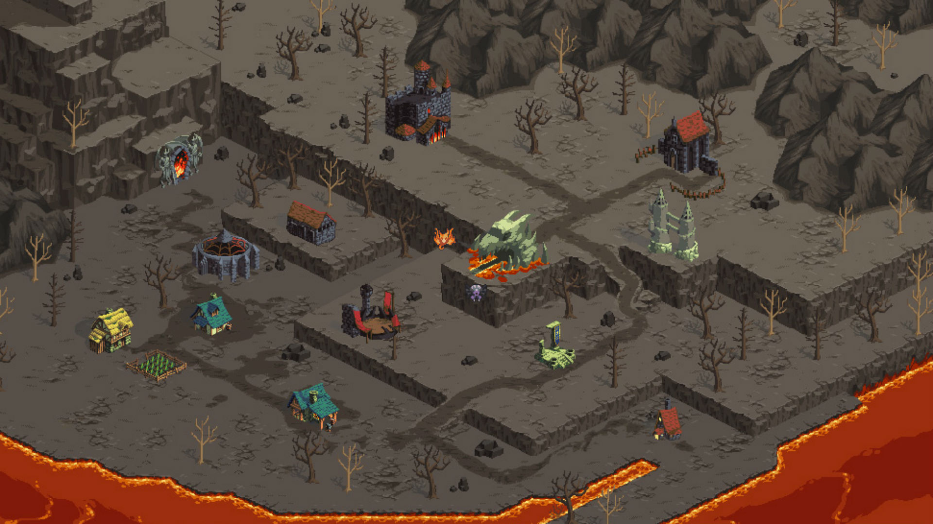 Best clicker games: Realm Grinder. Image shows a stony wasteland filled with bones and lava.