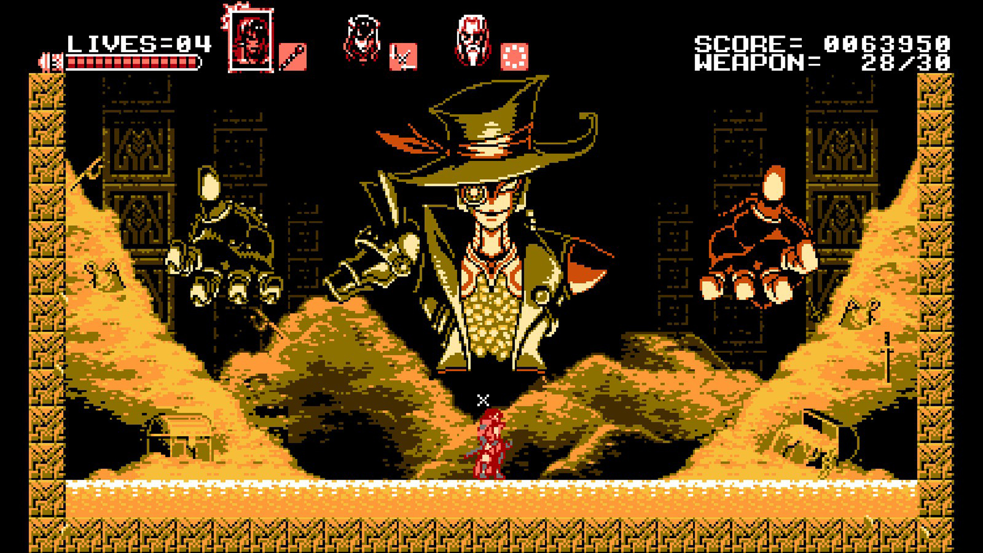 A mechanoid enemy with a top hat and a threatening smile in one of the best vampire games, Bloodstained Curse of the Moon