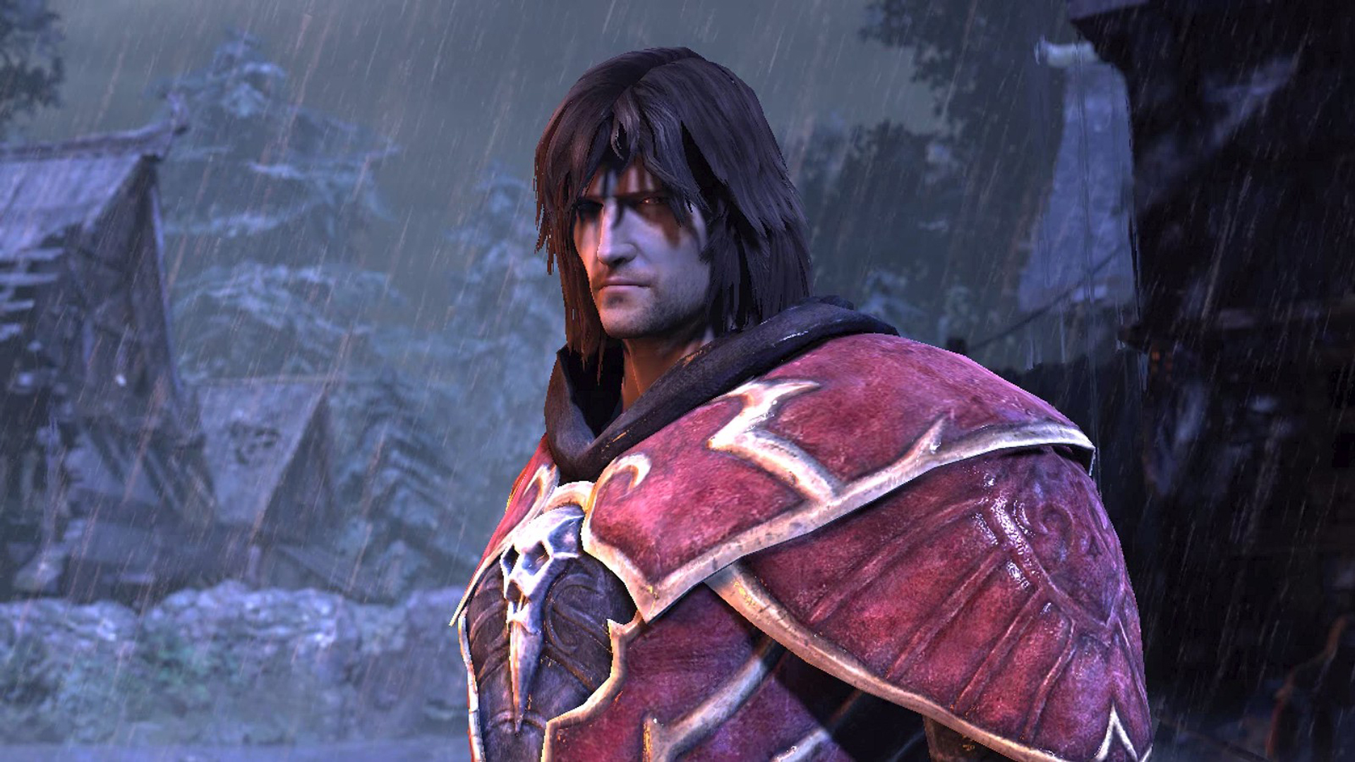 ผู้ชายที่มีผมยาวและเกราะสีแดงฟุ่มเฟือยยืนเศร้าในสายฝนในหนึ่งในเกมแวมไพร์ที่ดีที่สุด Castlevania Lords of Shadow