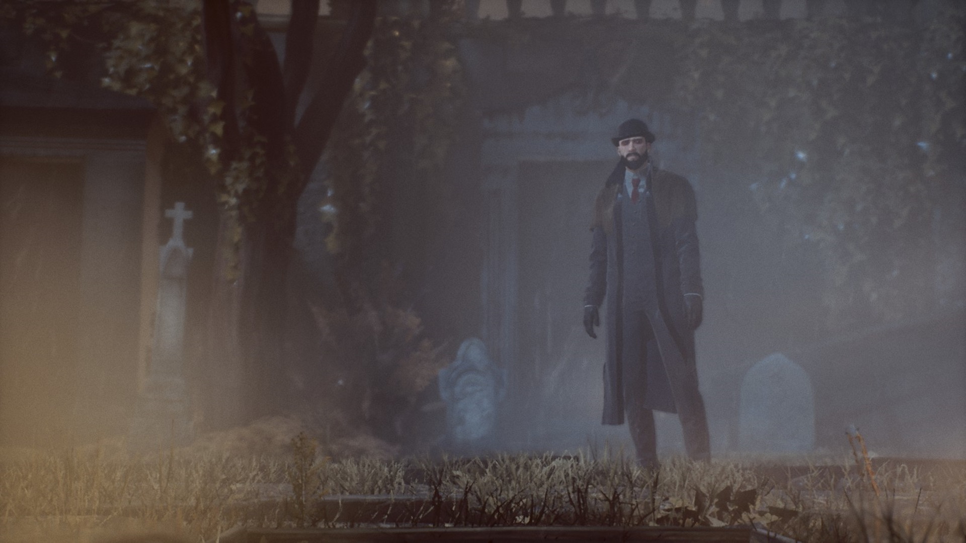 A bearded man in a suit and greatcoat stands in the misty grounds of a church in one of the best vampire games, Vampyr