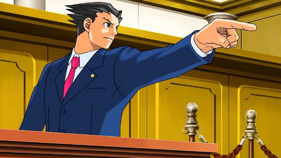 Phoenix Wright pointing an accusatory finger across the courtroom in one of the best anime games, Phoenix Wright: Ace Attorney