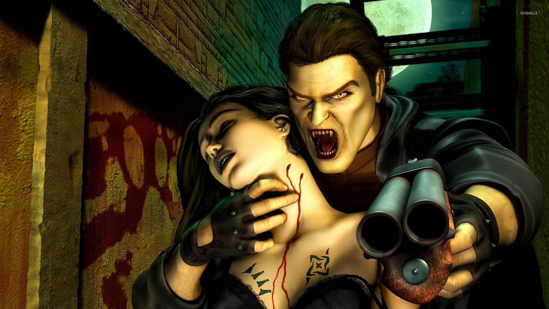 A vampire points a gun at the camera while he bares his fangs, holding a bleeding victim in his right hand, in one of the best vampire games, Vampire: The Masquerade Redemption 