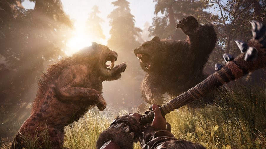 A sabretooth tiger and a bear leap toward each other in one of the best dinosaur games, Far Cry: Primal Beasts