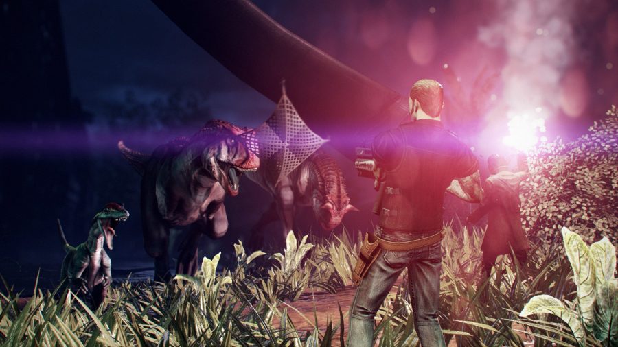 A man throws a small net at a dinosaur's face in one of the best dinosaur games, Primal Carnage