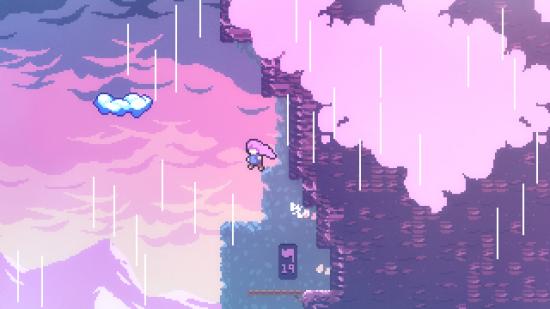 Celeste, one of the best platforming games on PC, jumping in front of a purple sky