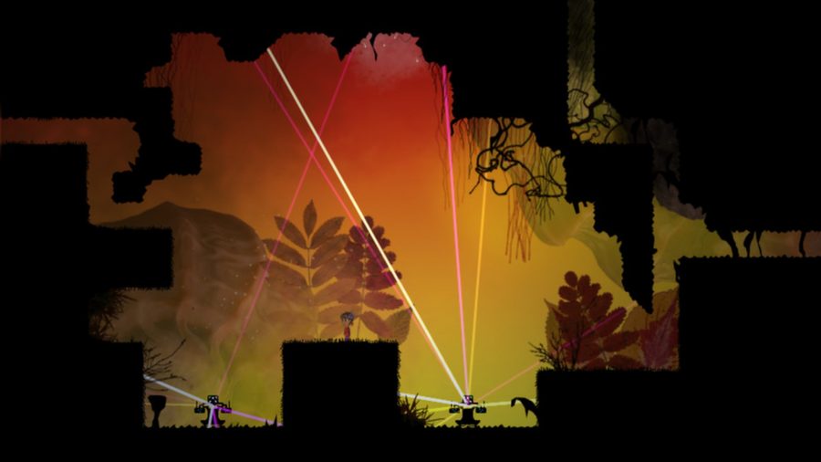 Baddies shoot laser beams that light up the night sky in Knytt, one of the best platform games