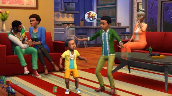 Sims 4 cheats: A family of sims all hang out in an apartment