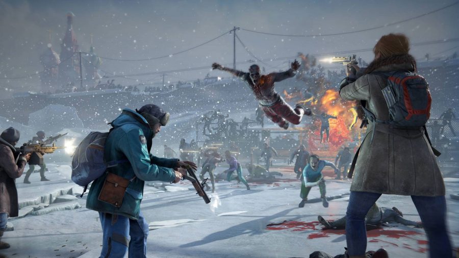 A chaotic scene on a wintry battlefield in World War Z, one of the best zombie games