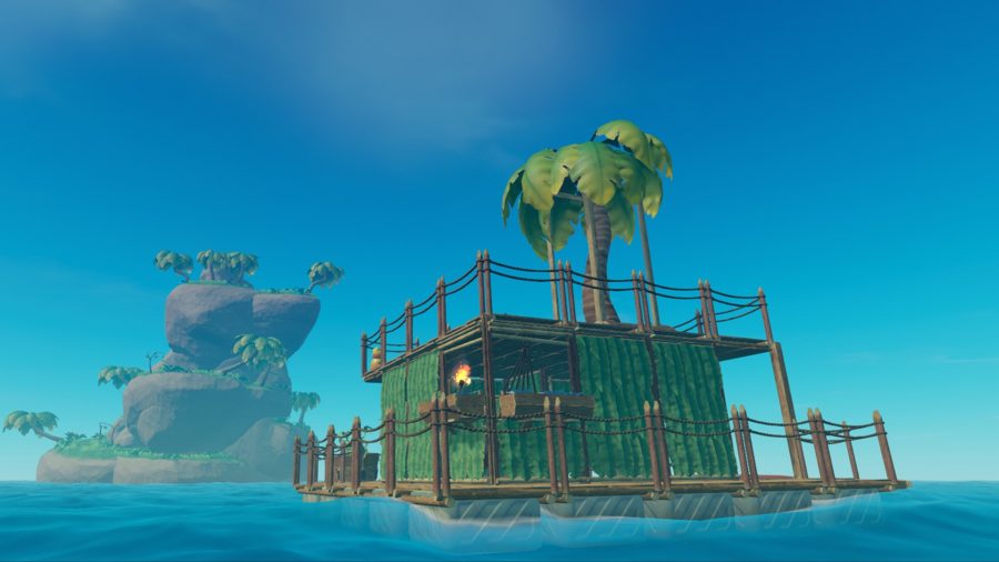 A raft with a tree on top, sailing the seas in one of the best building games, Raft