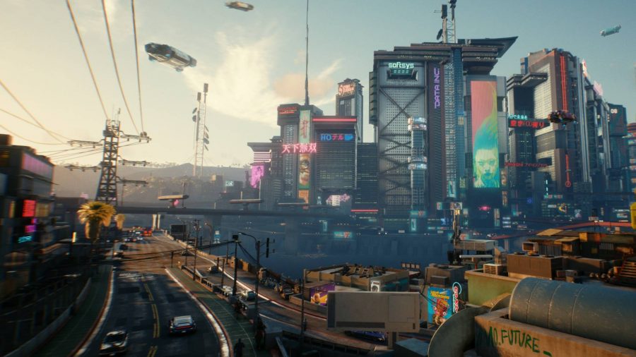 A view of Night City, hover cars, and sky rise buildings in Cyberpunk 2077