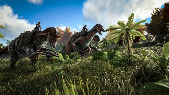 Players riding dinosaurs in one of the best crafting games, Ark: Survival Evolved