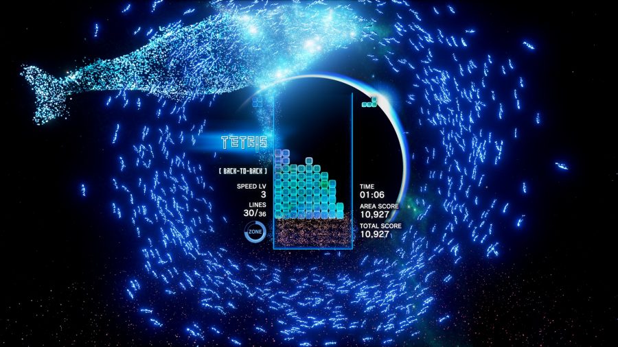 Shoals of fish surround a tetris board in one of the best VR games, Tetris Effect