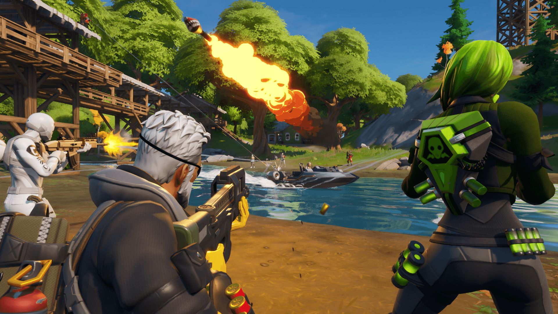Fortnite free V-bucks: multiple people are shooting at a boat launching missiles at them.