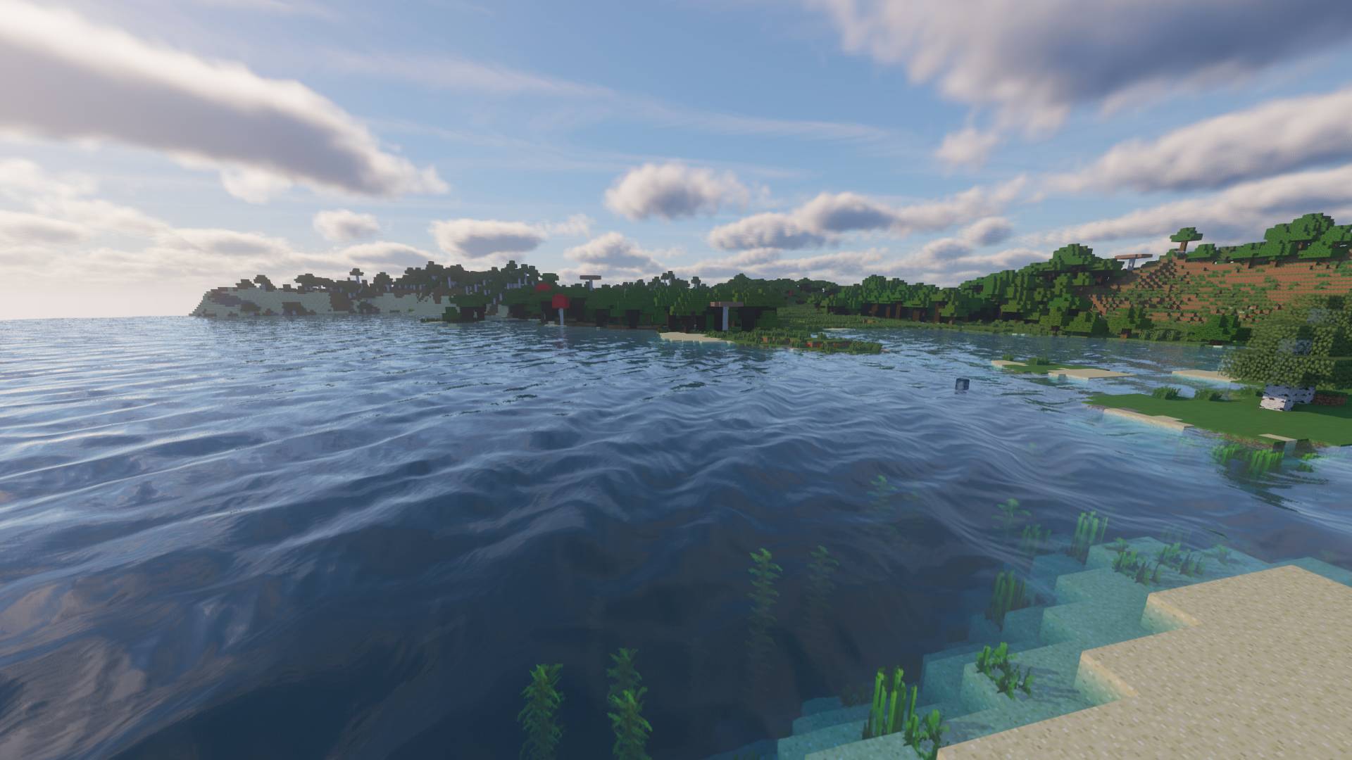 Minecraft lagless shader shows a beautiful coastal scene with a setting sun, a beach and some flowers.