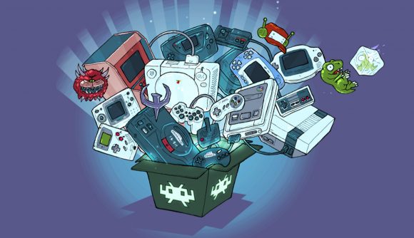 Art for emulation front-end RetroArch, showing a range of classic game consoles escaping from a box