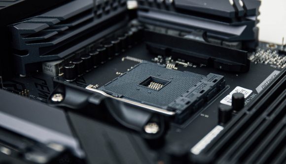 Close up of an empty AMD CPU socket on an Asus ROG Strix motherboard