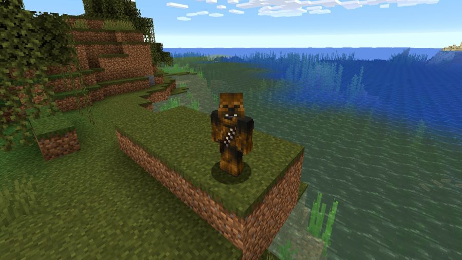 Minecraft skins: Chewbacca is standing on the shore of a lake.