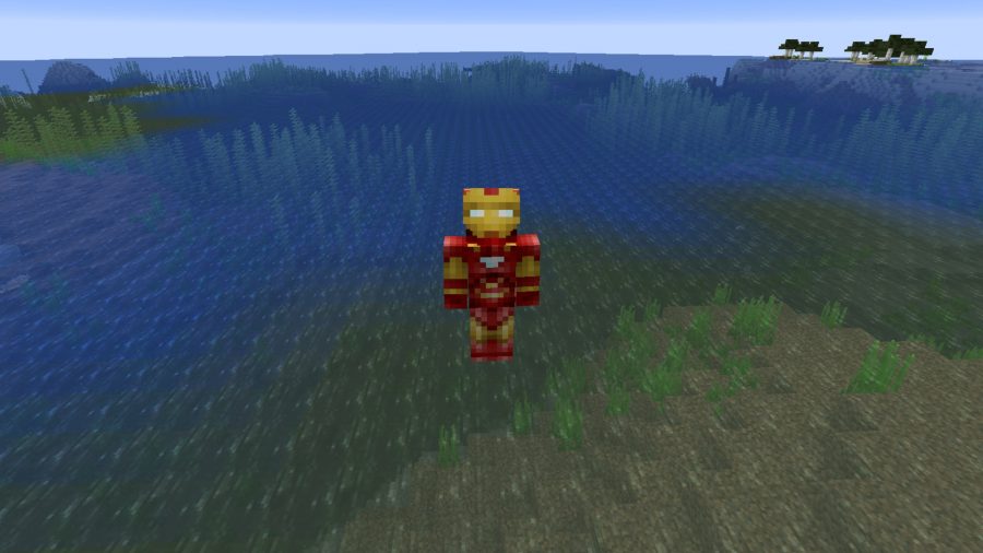 Minecraft skins: Iron Man is hovering above the ocean.