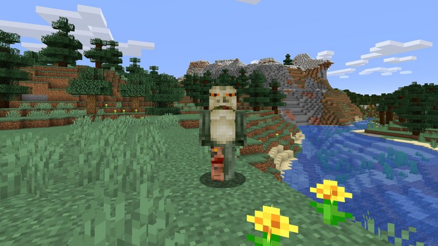 Minecraft skins: Deadpool is hovering above the ocean, somehow.