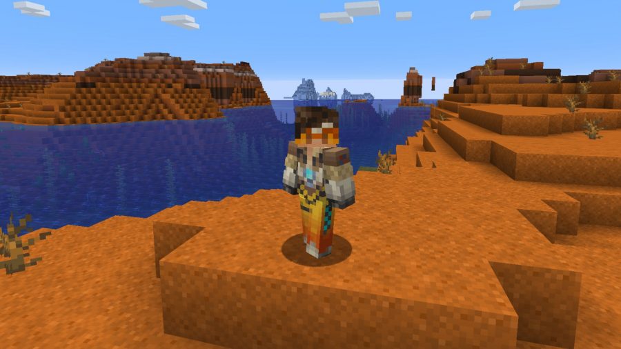 Minecraft skins: Tracer is standing in the desert next to a lake.