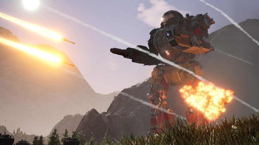 A mech tanks some missiles in one of the best robot games, mechwarrior 5 mercenaries