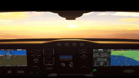 A sunset across clouds in one of the best flight games, Microsoft Flight Simulator