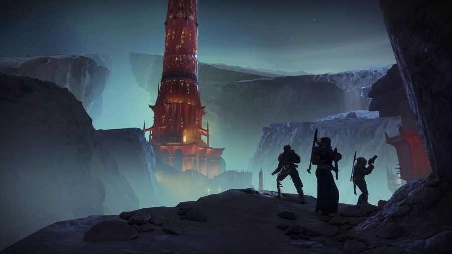 A squad silhouetted against jagged cliffs successful  Destiny 2, 1  of the champion  multiplayer games