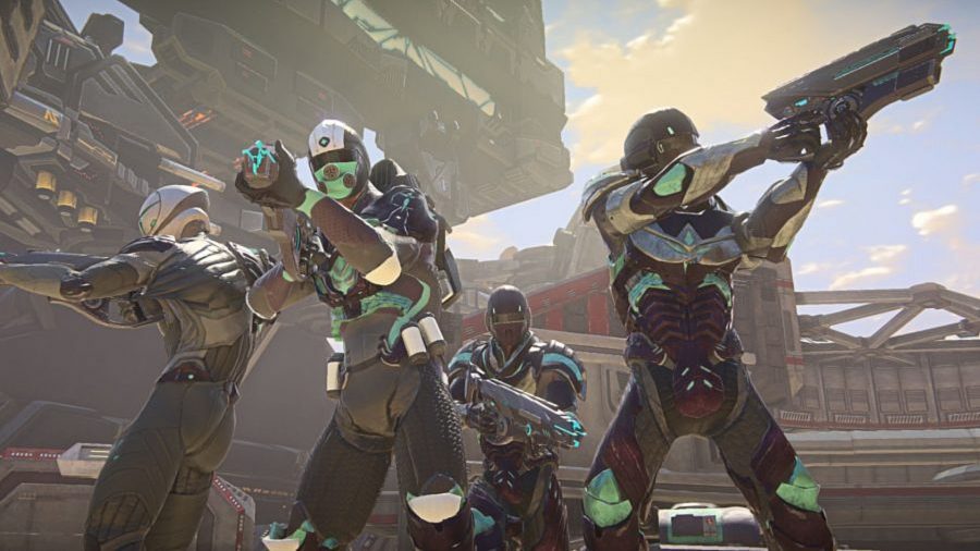 A squad of four teammates ready for battle in Planetside 2, one of the best free PC games 