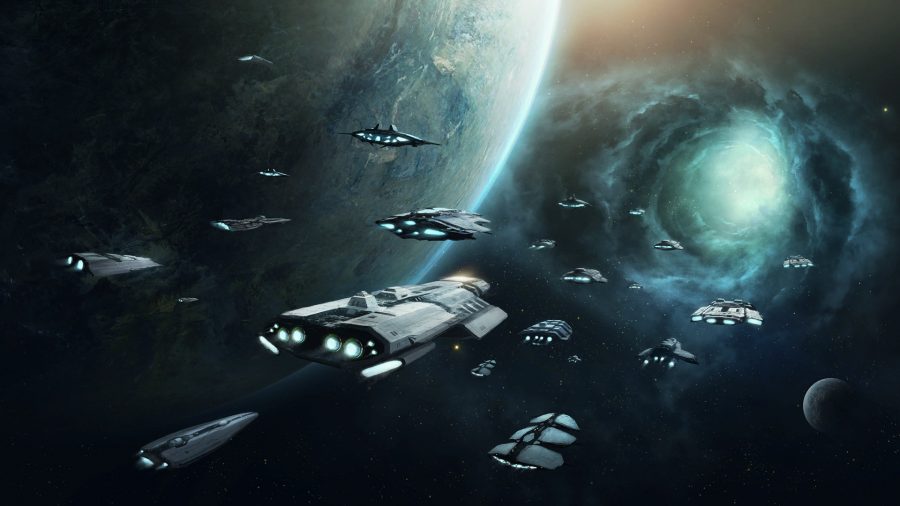 Stellaris menu artwork, showing a fleet of ships about to enter a wormhole